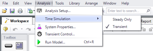 Selecting the Transient option for Time Simulation from the Analysis menu.